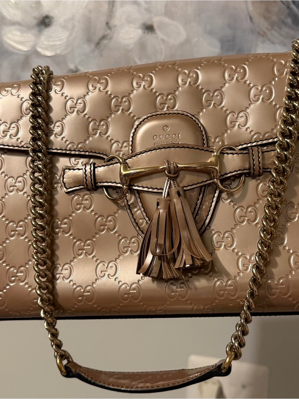 Gucci Metallic Taupe GG Embossed Tassel Shoulder Bag with Gold Chain
